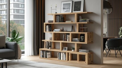 Modern Wooden Bookshelf in Stylish Living Room