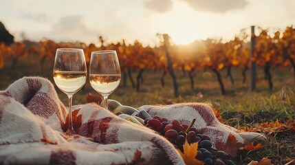 Cozy Picnic in a Vineyard at Sunset with Wine Glasses and a Soft Blanket Surrounded by Grapes in a Gorgeous Autumn Landscape