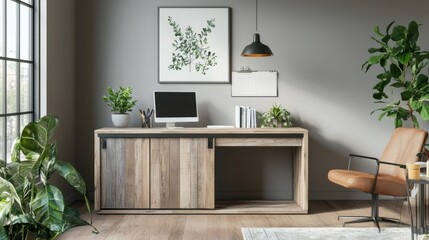 Modern Home Office with Natural Decor and Green Plants