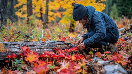 A Person Kneeling in Nature to Inspect Vibrant Wild Mushrooms Among Autumn Leaves in a Forest Setting with Lush Foliage and a Log