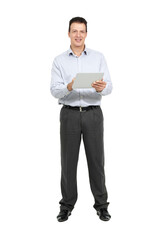 Businessman, laptop and portrait in studio for networking, client communication or company research. Employee, technology and smile on white background for revenue report, information or project news