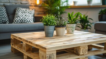 Fototapeta premium Stylish Wooden Coffee Table with Potted Plants