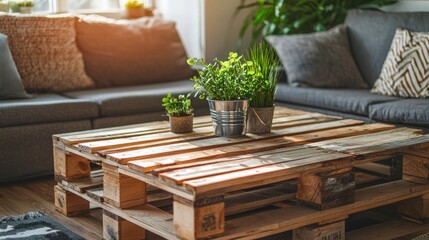 Cozy Living Room with Pallet Coffee Table and Greenery