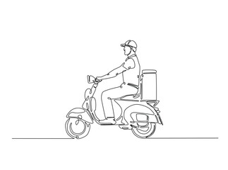 Continuous one line drawing of delivery man riding scooter. Courier riding a scooter single line art vector illustration. Editable vector.