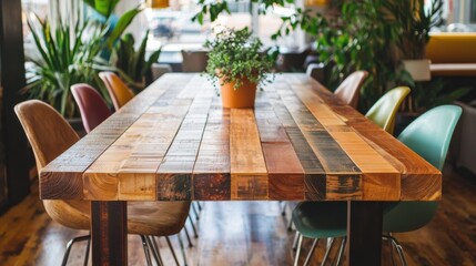 Rustic wooden table in modern interior space