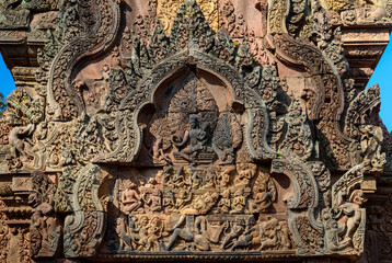 Bas-relief Sculpture at Banteay Srei temple Siem Reap, Cambodia.