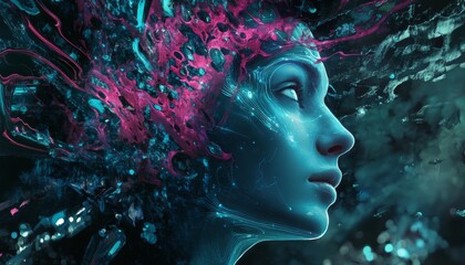 AI Evolution Human and Technology. Cybernetic Mind Portrait. Neural Network Human Profile. Tech background