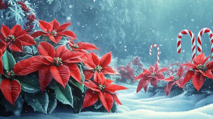 Festive poinsettia flowers in a snowy winter landscape with candy canes