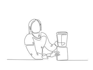 Continuous one line drawing of women making juice with blender or juicer machine. Editable vector.