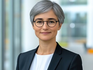 Confident professional woman with glasses in modern office setting.