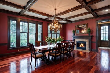 Fototapeta premium Charming Dining Room Featuring Rich Cherry Wood Floors Stunning Ceiling Beams and Inviting Fireplace