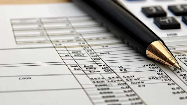 Financial Planning: Close-up shot of a pen resting on a detailed financial document, accompanied by a calculator, suggesting meticulous planning and precision.