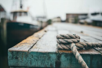 A coiled rope on a weathered wooden dock.