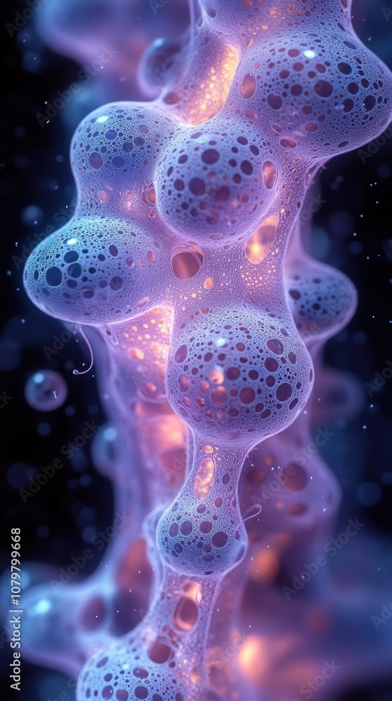 Poster abstract representation of bubbles with glowing elements.