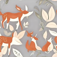 Cute Deer and Fox Pattern on a Gray Background
