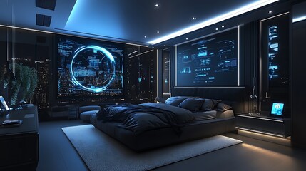 A smart bedroom featuring a large digital wall display, voice-controlled lighting, sleek metallic furnishings, and adjustable ambient lighting, designed for a high-tech, ultra-modern vibe --ar 16:9