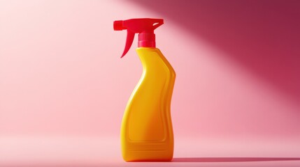 Vibrant yellow cleaning spray bottle with red trigger on pink background
