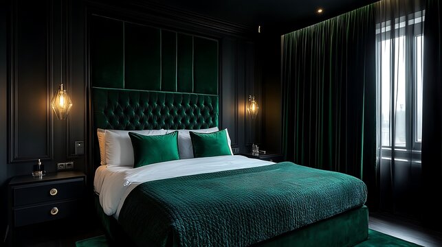 A sophisticated bedroom with black walls, a plush velvet headboard in emerald green, dark wooden nightstands, and soft ambient lighting, evoking a mysterious and elegant vibe --ar 16:9