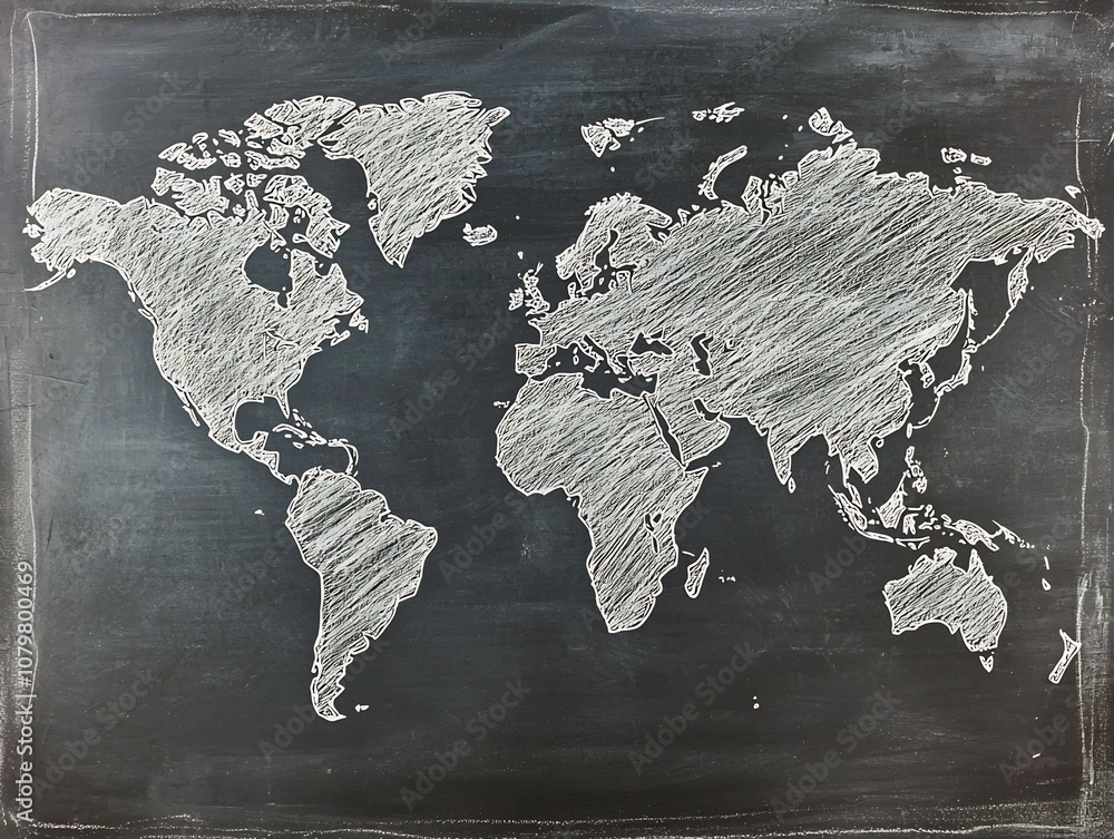 Poster chalkboard world map with continents and countries outlined in simple strokes