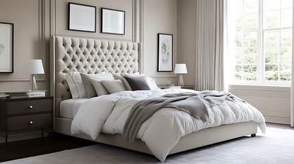 A sophisticated modern classic bedroom with elegant crown molding, a tufted headboard, soft beige walls, and contemporary nightstands, creating a timeless yet updated look --ar 16:9