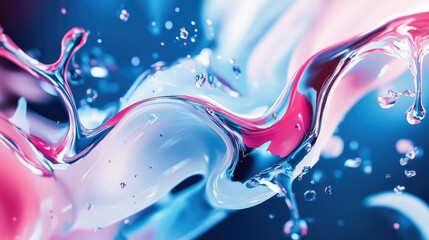 Abstract swirling blue and pink liquid with droplets.