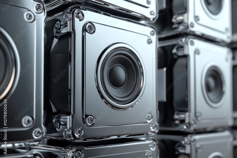 Poster modern sound system with interconnected speakers displayed in a sleek configuration in a contemporar