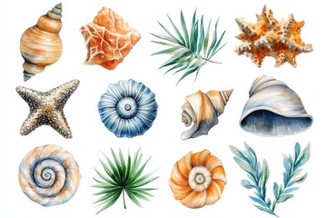 A collection of seashells and marine elements illustrated in a watercolor style.