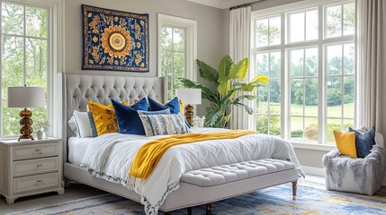 A stylish bedroom with a soft gray foundation, accented by bold yellow and royal blue pillows, a colorful wall tapestry, and large windows for an airy, joyful ambiance --ar 16:9