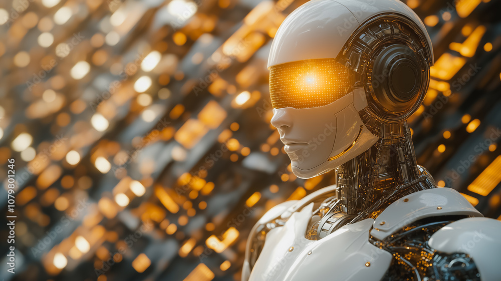 Poster a robot with a yellow eye stands in front of a wall of yellow squares. the robot is wearing a white 
