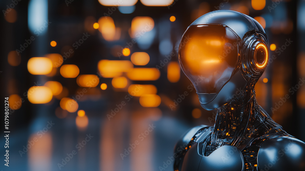 Poster a robot with a glowing head and orange eyes stands in front of a blurry background. the robot's desi