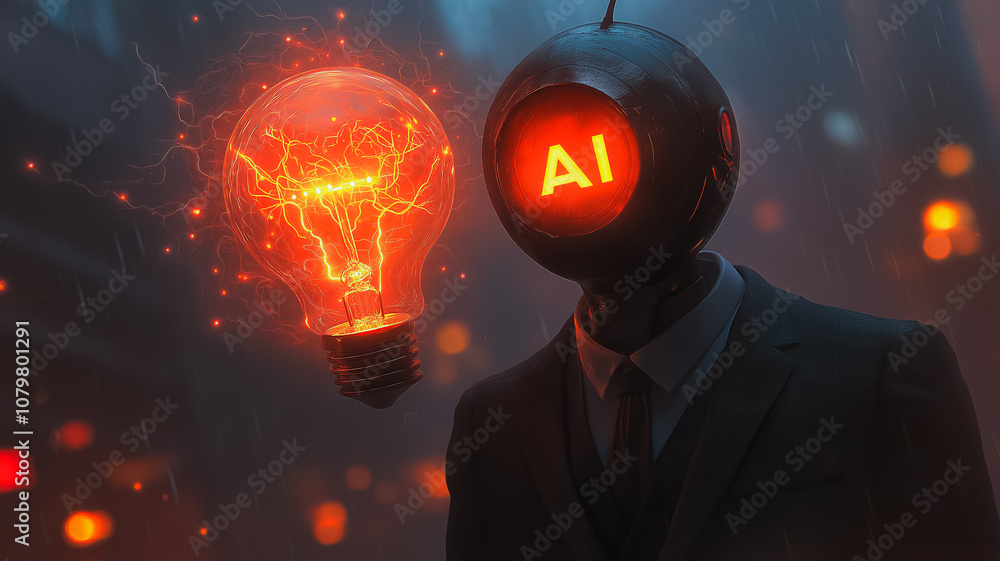 Poster a man is standing in front of a glowing light bulb with the word ai on his head. the image has a fut