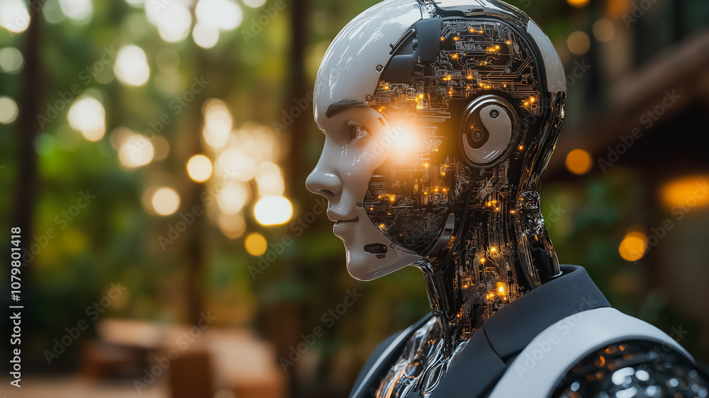 Poster a robot with a face made of metal and wires. the robot is wearing a suit and has a light on its head