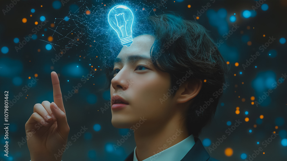 Aufkleber a man is pointing at a light bulb in the sky. concept of curiosity and wonder, as if the man is tryi