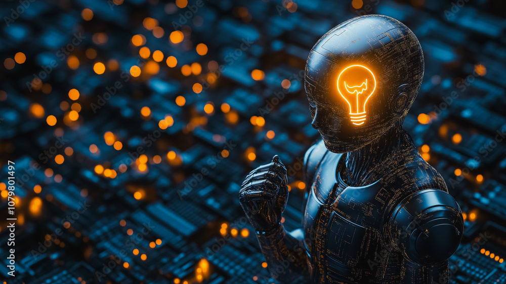 Poster a robot with a light bulb on its head is surrounded by a blurry background of computer chips. the ro