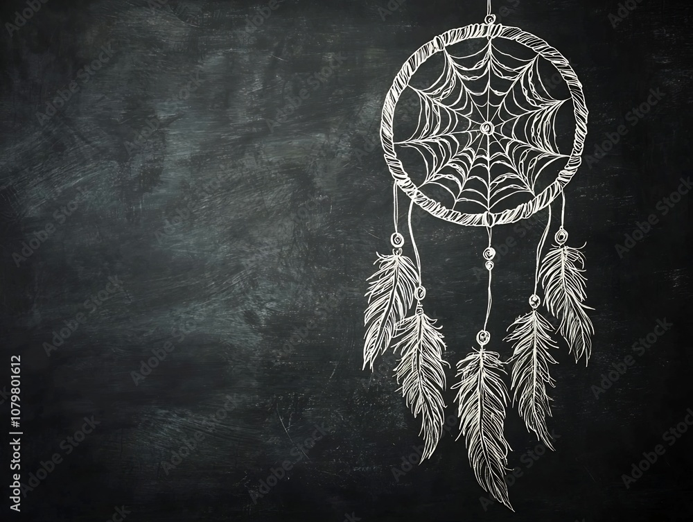 Poster elegant chalk dreamcatcher sketch on blackboard with intricate web pattern and feathers