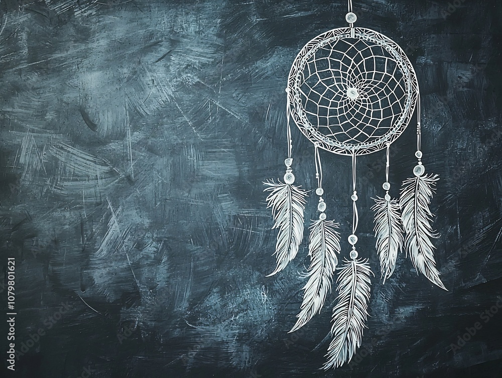 Poster elegant chalkboard dreamcatcher drawing with intricate web patterns and hanging feathers