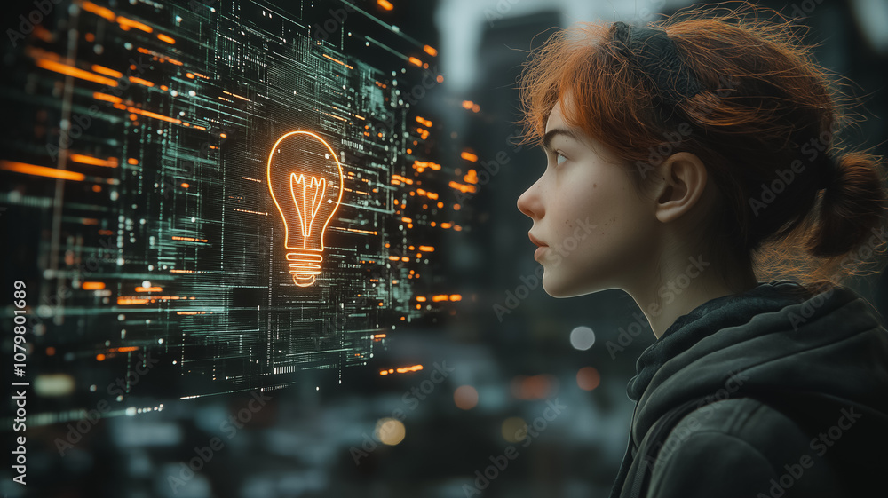 Poster a woman is looking at a computer screen with a glowing light bulb on it. concept of curiosity and wo