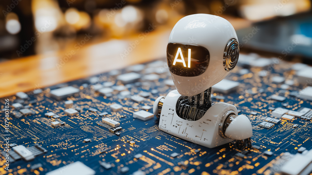 Poster a robot with the word ai on its head is sitting on a circuit board. the robot is surrounded by a lot
