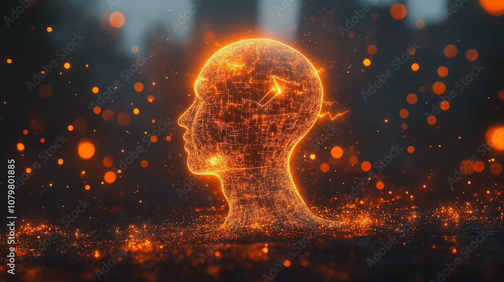 Poster a head made of computer code is surrounded by a bright orange glow. concept of technology and artifi