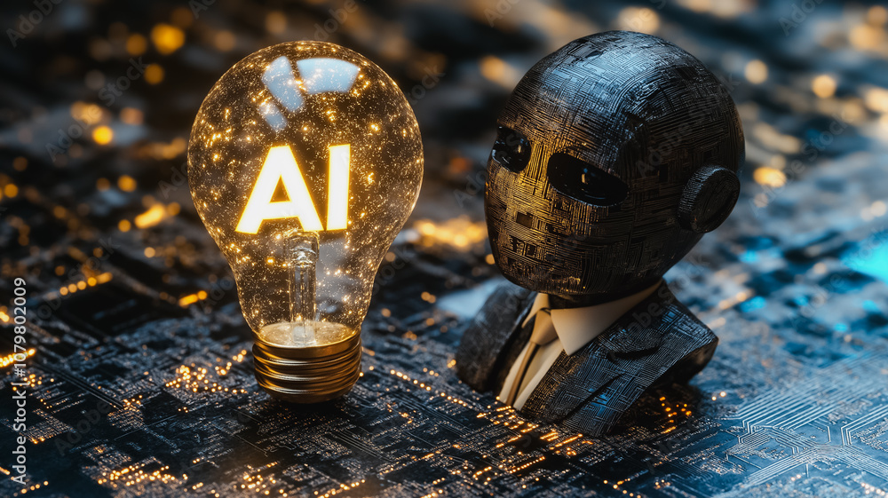 Poster a robot head is surrounded by a light bulb and the word ai. concept of innovation and technological 