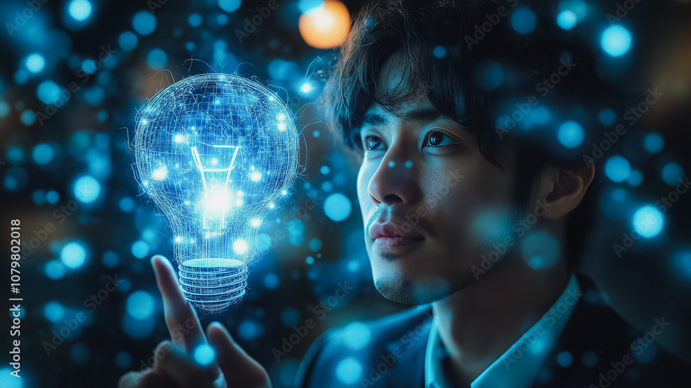 Poster a man is pointing at a light bulb in a blue background. the light bulb is glowing and he is a comput
