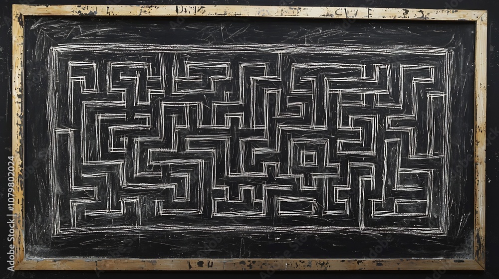 Poster intricate chalk maze drawing on blackboard representing challenges and problem solving
