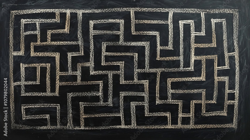 Poster intricate chalk drawing of a winding maze on a blackboard representing problem solving challenges