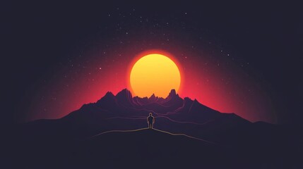 Obraz premium Silhouette of a Man Against a Vibrant Sunset Over Mountains