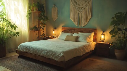 A tranquil, eco-friendly bedroom with sustainable decor, a natural wood bed frame, organic cotton bedding, macramé wall hangings, and soft lighting, creating an earthy, peaceful retreat --ar 16:9