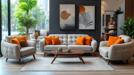 Modern living room interior design with comfortable sofa, armchair, coffee table, and rug.