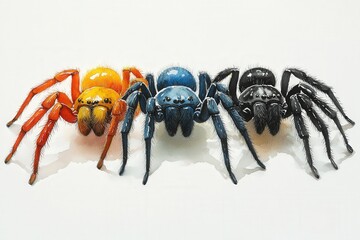 Fototapeta premium A colorful illustration of three spiders in vibrant colors red, yellow, and blue.