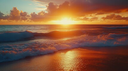 Golden Sunset Over a Coastal Beach with Waves and Clouds