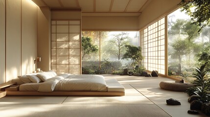 A Zen-inspired bedroom with clean, open space, a neutral color palette, low-profile furniture, and soft, filtered sunlight, creating a calming and serene environment --ar 16:9