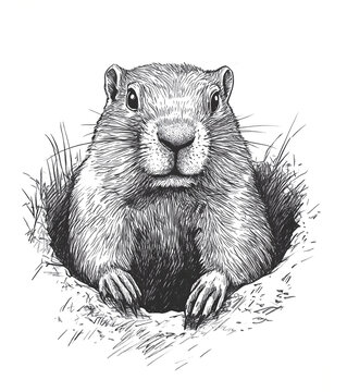 recommend clip art: Detailed black and white illustration of a groundhog, sketched in pencil or ink, isolated on a white background. Rrealistic hand drawn artwork. Groundhog Day